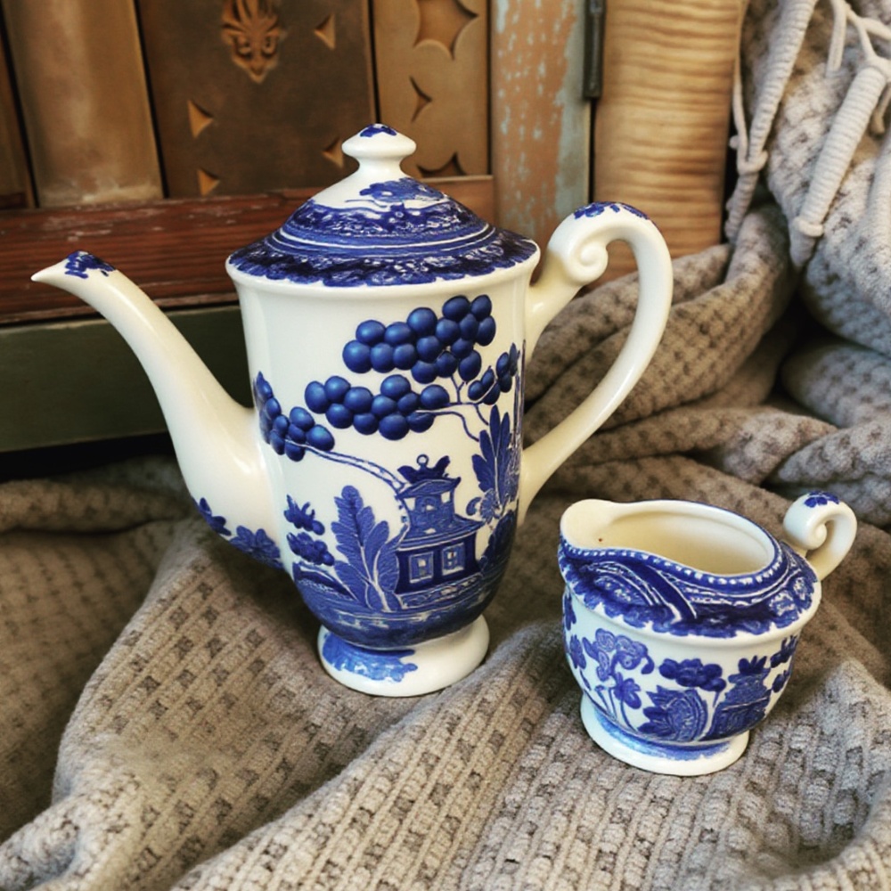 Blue Willow Design Tea Pot and Creamer